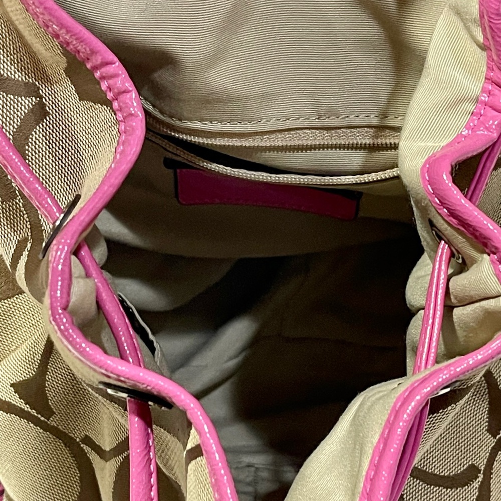 Y2K Coach Signature Canvas Backpack Brown Pink Trim C1361-F21928 Logo Flap - Picture 5 of 6